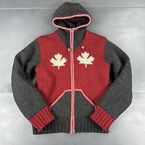 Delux Sweater Womens Large Gray Red Maple Leaf Chunky Knit Wool Lined Hooded